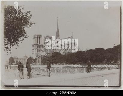 Notre Dame de Paris, vue depuis le pont de l'Archidiocèse, 4ème arrondissement, Paris. Cathédrale notre-Dame de Paris, vue pry depuis le pont de l'archevêché, Paris (IVème arr.). Photo de R. Schwartz. Rage au gélatino-bromure d'argent, 11 septembre 1904. Paris, musée Carnavalet. Banque D'Images