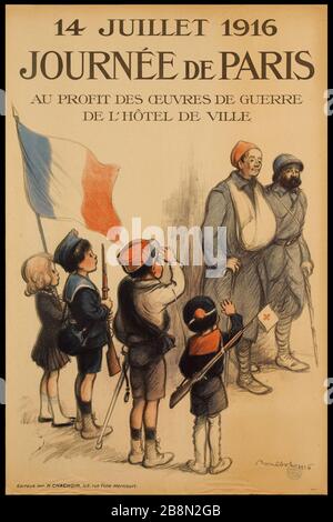 14 JUILLET 1916, PARIS JOUR LE BÉNÉFICE DES TRAVAUX DE GUERRE DE LA MAIRIE FRANCISQUE POULBOT (1879-1946). Publicitaire. '14 juillet 1916, journée de Paris au profit des oeuvres de guerre de l'Hôtel de ville'. Lithographie couleur. 1916. Paris, musée Carnavalet . Banque D'Images