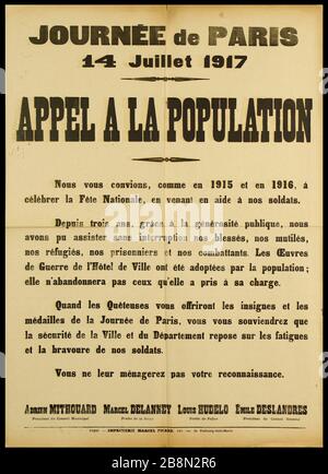 JOUR PARIS, 14 juillet 1917, APPELEZ LA POPULATION Affiche d'information. 'Journée de Paris, 14 juillet 1917, appel à la population'. Typographie. 1917. Imprimerie Marcel Picard. Paris, musée Carnavalet . Banque D'Images