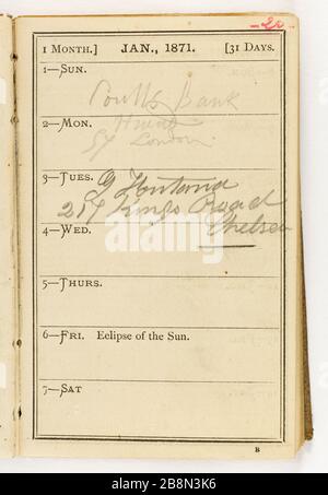 Peu plus de 88 pages 2 ordre du jour Jean-Baptiste Carpeaux (1827-1875). Petit agenda (88 plus 2 pages). Réliure en forme de rapporteur de maroquin brun. Pages vierges, une page par semaine, papier blanc. Notes critmanuches au crayon graphite. Pages numériques au stylo bic rose. 1871. Musée des Beaux-Arts de la Ville de Paris, petit Palais. Banque D'Images