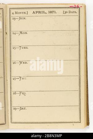 Peu plus de 88 pages 2 ordre du jour Jean-Baptiste Carpeaux (1827-1875). Petit agenda (88 plus 2 pages). Réliure en forme de rapporteur de maroquin brun. Pages vierges, une page par semaine, papier blanc. Notes critmanuches au crayon graphite. Pages numériques au stylo bic rose. 1871. Musée des Beaux-Arts de la Ville de Paris, petit Palais. Banque D'Images