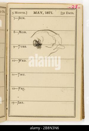 Peu plus de 88 pages 2 ordre du jour Jean-Baptiste Carpeaux (1827-1875). Petit agenda (88 plus 2 pages). Réliure en forme de rapporteur de maroquin brun. Pages vierges, une page par semaine, papier blanc. Notes critmanuches au crayon graphite. Pages numériques au stylo bic rose. 1871. Musée des Beaux-Arts de la Ville de Paris, petit Palais. Banque D'Images