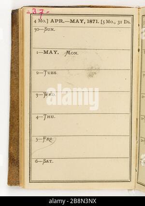 Peu plus de 88 pages 2 ordre du jour Jean-Baptiste Carpeaux (1827-1875). Petit agenda (88 plus 2 pages). Réliure en forme de rapporteur de maroquin brun. Pages vierges, une page par semaine, papier blanc. Notes critmanuches au crayon graphite. Pages numériques au stylo bic rose. 1871. Musée des Beaux-Arts de la Ville de Paris, petit Palais. Banque D'Images