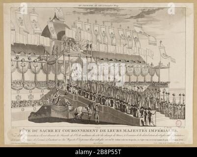 Onction de jour et couronnement de leurs Majestés impériaux. / vue de la haute décoration à l'avant de l'Ecole militaire sur le côté des champs de Mars, à l'occasion de la distribution des Eagles ... deputation. François Aubertin (1773-1821). Fête du sacre et couronnement de lérs Majestés Impériales. Vue de la détente devant la façade de l'Ecole militaire du côté du champ-de-Mars, à l'occasion de la distribution des Aigles aux démarches… Aquapointe. Paris, musée Carnavalet. Banque D'Images
