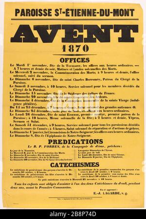 PAROISSE ST-ETIENNE-DU-MONT, AVENT 1870 BUREAUX 'paroisse St-etienne-du-mont, avent 1870, bureauxs'. Imprimerie de Soye et fils. Typographie, 1870. Paris, musée Carnavalet. Banque D'Images