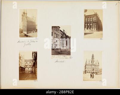 5 photos de l'hôtel de ville de Leuven, surmontées d'une rue d'un passage, le puits Quentin Metsys à Anvers, un coin de l'hôtel de Gand et de l'hôtel de ville d'Oudenaarde. 5 photographies de Louvain : l'hôtel de ville, une rue surmontée d'un passage, le puits de Quentin Metsys à Anvers, un angle de l'hôtel de ville de Gand et l'hôtel de ville d'Audenarde. Photographie anonyme. Tirages sur papier alluminé. 1865-1871. Paris, Maison de Victor Hugo. Paris, Maison de Victor Hugo. Banque D'Images