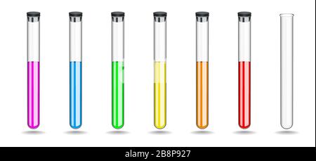 Réglez les tubes à essai en verre avec un liquide de couleur, en fermant le bouchon en caoutchouc noir. Équipements chimiques pour le travail en laboratoire. Illustration vectorielle. Illustration de Vecteur