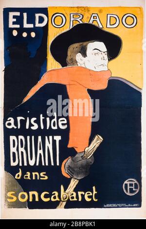 Eldorado, Aristide Bruant dans son Cabare Henri de Toulouse-Lautrec (1864-1901) ; Imprimerie Bourgerie et Cie. 'Eldorado, Aristide Bruant dans son Cabaret'. Fiche. Lithographie couleur. 1892. Paris, musée Carnavalet. Banque D'Images