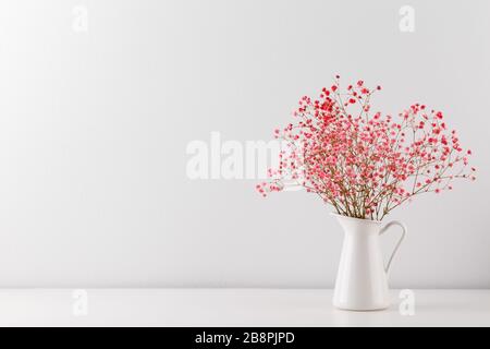 Bouquet de bosophila rose ou de fleurs à souffle de bébé dans un pichet sur une table blanche, design minimaliste moderne Banque D'Images