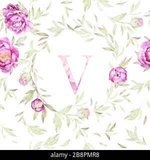 Monogramme de fleur. Fleur de bruyère. Pivoines roses feuilles luxuriantes. Romantique. Décoration de mariage. Aquarelle. Composition préfabriquée. Qualité d'impression. Fond blanc Banque D'Images