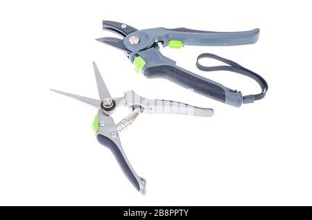 Ciseaux, taille pour élagage de branches, tiges. Outils de soin de jardin et de fleur isolés sur fond blanc. Studio photo Banque D'Images