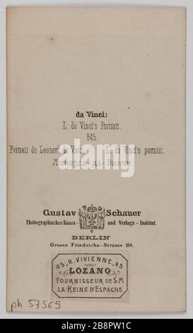 Portrait de Leonardo da Vinci (1452-1519), peintre et érudit. Portrait de Léonard de Vinci (1452-1519), peintre et savant. Carte de visite (verso). Photo de Gustav Schauer. Rage sur papier alluminé, 1860-1890. Paris, musée Carnavalet. Banque D'Images