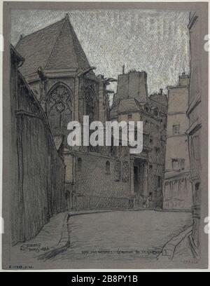 La rue des bars. Le choeur de Saint-Gervais Saint-Protais 1926 Gustave Ferdinand Boberg (1860-1946), architecte suédois. La rue des Barres. Le choeur de Saint-Gervais-Saint-Protais. Crayon blanc. Paris (IVème arr.), 1926. Paris, musée Carnavalet. Banque D'Images