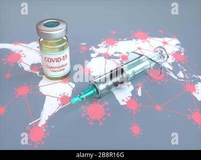 Image conceptuelle pour la découverte d'un vaccin contre le Covid-19, le coronavirus, 2019-nCoV, le SRAS-COV-2. Illustration tridimensionnelle. Banque D'Images