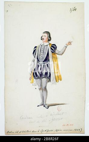 COSTUME AUDRAN ACTEUR DANS LE RÔLE DU ROI D'ADALBERT YVETOT, COMIQUE OPÉRA, 1842 BODIN. 'Costume de l'acteur Audran dans le quartier d'Adalbert du roi d'Yvetot, Opéra comique, 1842'. Aquarelle. Paris, musée Carnavalet. Banque D'Images