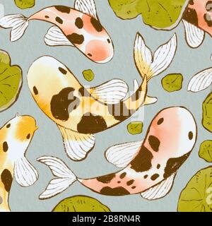 Aquarelle esquisse japonaise jaune et rouge Koi carp poisson illustration Banque D'Images