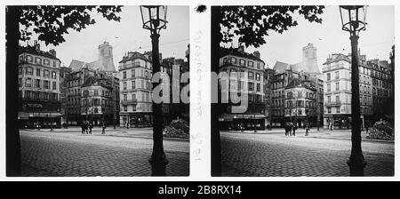 AMARREZ L'HÔTEL-DE-VILLE À L'ÉGLISE DE SAINT-GERVAIS, 4ÈME ARRONDISSEMENT, PARIS Quai de l'Hôtel de Ville, vers l'Église Saint-Gervais. Paris (IVème arr.), 1928. Vue stéréoscopique. Paris, musée Carnavalet. Banque D'Images