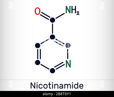 Nicotinamide, NAM, molécule de CO 6 N 2 O. C'est de la vitamine B 3 trouvée dans la nourriture, utilisée comme supplément alimentaire. Formule chimique structurelle. Illustration vectorielle Illustration de Vecteur