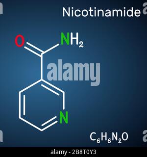 Nicotinamide, NAM, molécule de CO 6 N 2 O. C'est de la vitamine B 3 trouvée dans la nourriture, utilisée comme supplément alimentaire. Formule chimique structurelle sur le fond bleu foncé Illustration de Vecteur