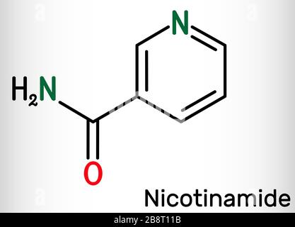 Nicotinamide, NAM, molécule de CO 6 N 2 O. C'est de la vitamine B 3 trouvée dans la nourriture, utilisée comme supplément alimentaire. Formule chimique structurelle. Illustration vectorielle Illustration de Vecteur