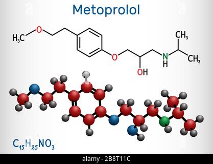 Metoprolol, molécule C15H25NO3. Il est utilisé dans le traitement de l'hypertension et de l'angine de poitrine. Formule chimique structurelle et modèle de molécule. Vecto Illustration de Vecteur