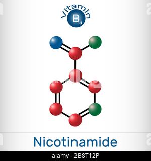Nicotinamide, NAM, molécule de CO 6 N 2 O. C'est de la vitamine B 3 trouvée dans la nourriture, utilisée comme supplément alimentaire. Modèle de molécule. Illustration vectorielle Illustration de Vecteur