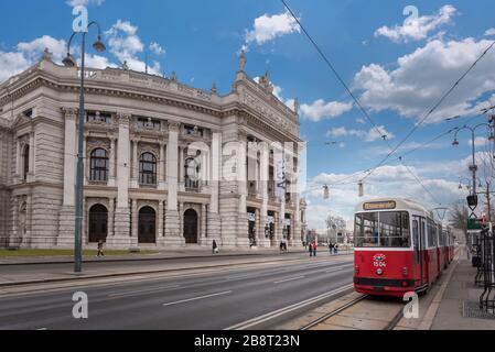 Vienne, Autriche. Célèbre Wiener Ringstrasse avec le Burgtheater historique (Théâtre de la Cour impériale) et le tramway électrique rouge traditionnel au lever du soleil Banque D'Images