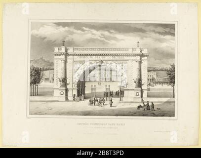 ENTRÉE PRINCIPALE DE LA GARE DE PARIS EN BELGIQUE. (PROJET POUR LA STATION NORD PLACE DE ROUBAIX). L. Courtin. Entrée principale dans Paris de la gare des vins de fer de Belgique. (Projet pour la gare du Nord, place de Roubaix.). Lithographie. Paris, musée Carnavalet. Banque D'Images