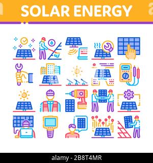 Les icônes de collecte des techniciens en énergie solaire permettent de définir le vecteur Illustration de Vecteur