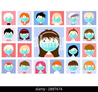 Santé et prévention des maladies. Ensemble d'avatars de visage masculin et féminin portant un masque médical de protection pour prévenir le virus. Ensemble d'icônes vectorielles. Portrait Illustration de Vecteur