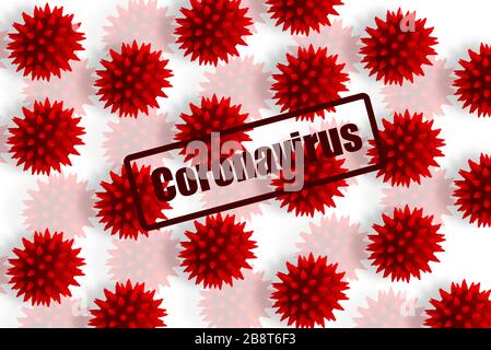 Inscription rouge coronavirus et cellules virales photo illustration des virus covid-19 sur fond blanc. Banque D'Images