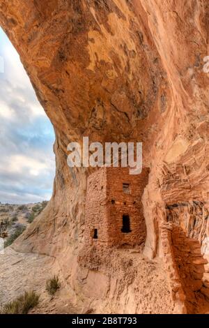 Une falaise de deux étages bien préservée, située sous une mystérieuse forme aidée, dans une alcôve de Butler Wash près de Blanding, Utah. Banque D'Images