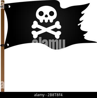 Drapeau pirate avec Jolly Rogeras crâne et croisant des os conception plate illustration vectorielle isolée sur fond blanc. Illustration de Vecteur