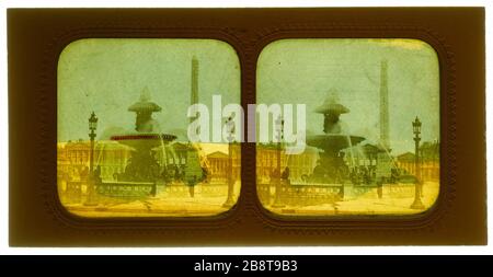 Place de la Concorde, 8ème arrondissement, Paris. Place de la Concorde 'place de la Concorde, Paris (VIIIème arr.)'. Photographie anonyme. Vue stéréoscopique transparence coloriée (effet nocturne), papier aluminé, tous de lumière, 1850-1900. Paris, musée Carnavalet. Banque D'Images
