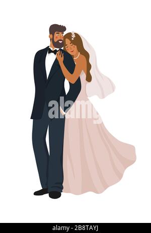 Une paire de newlyweds isolés sur un fond blanc. Illustration de la jolie caricature vectorielle Illustration de Vecteur