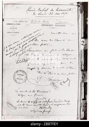 Demande de la commune de Paris. / 1871 document officiel pour la demande de somme d'argent du Comité public de bonjour à la Banque de France, en mai 1871. Document officiel pour la recherche d'une somme d'argent de la part du Comité du marché public auprès de la Banque de France, mai 1871. Anonyme. Rage au gélatino-bromure d'argent. Paris, musée Carnavalet. Banque D'Images