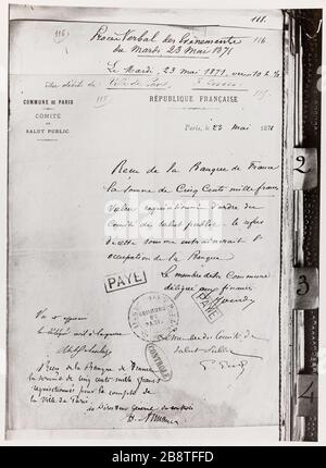 Demande de la commune de Paris / 1871 document officiel pour la demande de somme d'argent du Comité public des bonjour à la Banque de France, en mai 1871. Document officiel pour la recherche d'une somme d'argent de la part du Comité du marché public auprès de la Banque de France, mai 1871. Anonyme. Rage au gélatino-bromure d'argent. Paris, musée Carnavalet. Banque D'Images