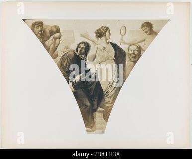 Tragédie et comédie. Le Gray, Gustave. Peintures murales d'Henri Lehmann, de la Galerie des Fêtes de l'Hôtel de Ville, 4ème arrondissement, Paris. 'Enfant sortant d'un amas de livres, un flambeau à la main'. Papier salé. En 1853-1853. Paris, musée Carnavalet. Banque D'Images