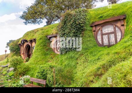 Matamata, Nouvelle-Zélande. Hobbiton - jeu de films - Seigneur des anneaux. Banque D'Images