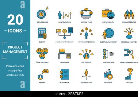 Gestion de projet icon set. Inclure des éléments créatifs à la recherche d'objectif, l'équipe virtuelle, budget, gestion globale, la cohésion de l'équipe d'icônes. Peut être utilisé pour Illustration de Vecteur