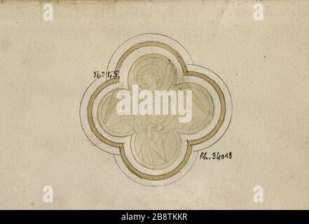 ALBUM n° 1. PROJET DE COLORIÉ COLLÉGIALE HAY (BELGIQUE): ANGE PORTANT UN MÉDAILLON ATELIER GSELL-LAURENT. Album n° 1. Projet de virail pour la collégiale de Huy (Belgique) : ange porte un médaillon. Paris, musée Carnavalet. Banque D'Images