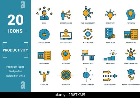 L'icône de la productivité. Inclure des éléments créatifs, de compétences de gestion du temps, la pause-café, de plan de travail, tâches quotidiennes d'icônes. Peut être utilisé pour rapport Illustration de Vecteur