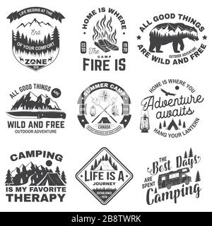 Ensemble de devis inspirants pour l'aventure en plein air. Illustration vectorielle. Concept pour chemise, logo, imprimé, timbre ou tee-shirt. Design typographique vintage avec tente de camping-cars, ours, montagne, silhouette de paysage forestier Illustration de Vecteur