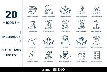D'Avion icon set. Inclure des éléments créatifs de l'assurance médicale, assurance voyage, assurance-vie, assurance finance, protection d'icônes. Peut être utilisé Banque D'Images