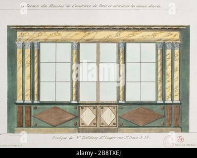 COLLECTION DE MAISONS DE COMMERCE PARIS LES PLUS DÉCORÉES - BOUTIQUE MR MARCHAND TAILLEBOSQ LINGER, SAINT DENIS NUMÉRO 38 PIERRE-ANTOINE DE LA MÉSANGÈRE (1761-1831). 'Collection des maisons de commerce de Paris les mieux dés - Boutique de Monsieur Taillebosq marchand linger, rue Saint Denis numéro 38'. Estampe. Paris, musée Carnavalet. Banque D'Images