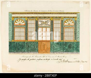 COLLECTION DE MAISONS DE COMMERCE PARIS LES PLUS DÉCORÉES - BOUTIQUE Monsieur BONVALET, MS WINE, RUE ST MARTIN, No 227 (AVEC CERTIFICAT DE L'ÉCRIVAIN Mixelle 1827) 'Collection des maisons de commerce de Paris les mieux dés - Boutique de M. Bonvalet, Mme de vins, rue St Martin, n°227 (Avec attestation du graveur Mixelle 1827)'. Eau-forte colorée anonyme. Paris, Musée Carnavalet. Banque D'Images