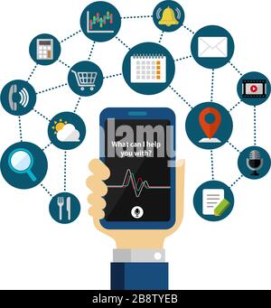 Illustration vectorielle de l'application Concierge ( assistant vocal personnel ) / maintien d'un smartphone à la main Illustration de Vecteur