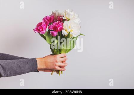 Homme tenant un bouquet de fleurs de tulipe Banque D'Images