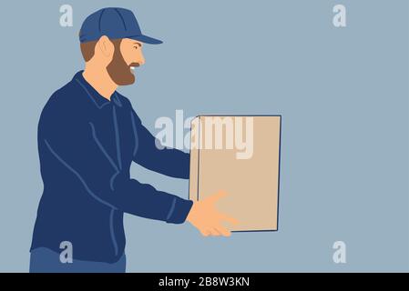 Livr. Homme en bouchon avec un colis sur fond bleu. Concept de livraison et d'achat en ligne. Illustration vectorielle colorée dans un style de dessin animé plat Illustration de Vecteur