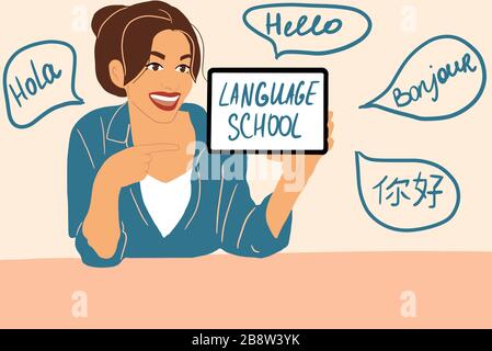 La femme apprend des langues étrangères en ligne à l'aide d'un appareil mobile. Illustration vectorielle avec inscriptions de messages d'accueil dans différentes langues sur l'arrière-plan Illustration de Vecteur